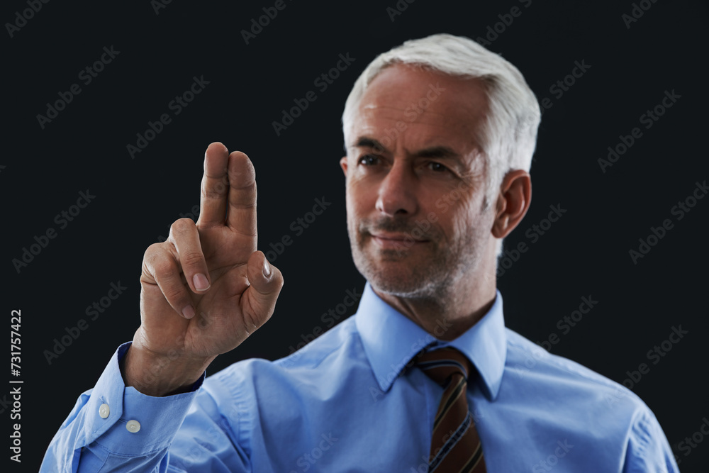 Business man, finger and press interface for choice isolated on a black studio background. Touch, professional and hand gesture on screen, click and future innovation of technology for senior CEO Business man, finger and press interface for choice isolated on a black studio background. Touch, professional and hand gesture on screen, click and future innovation of technology for senior CEO