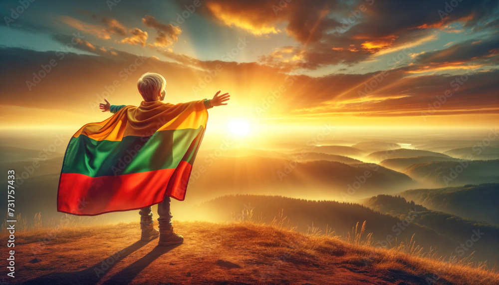 A child wrapped in the Lithuanian flag, standing proudly on a hill, embracing the warmth of a sunrise. - obrazy, fototapety, plakaty 