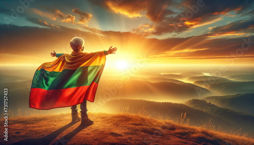 A child wrapped in the Lithuanian flag, standing proudly on a hill, embracing the warmth of a sunrise. photo
