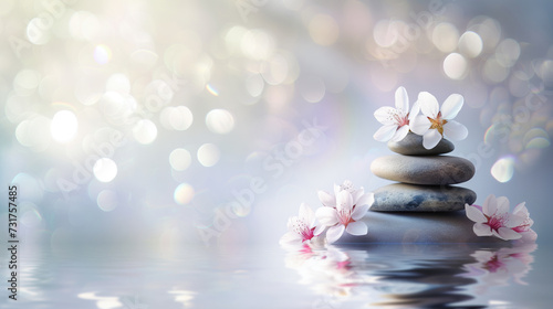 Zen stones with delicate flowers in a peaceful spa environment, reflecting in water. photo