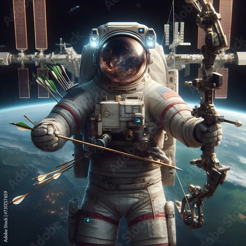 Cupid astronaut with bow and arrows outside the earth planet, generative ai photo