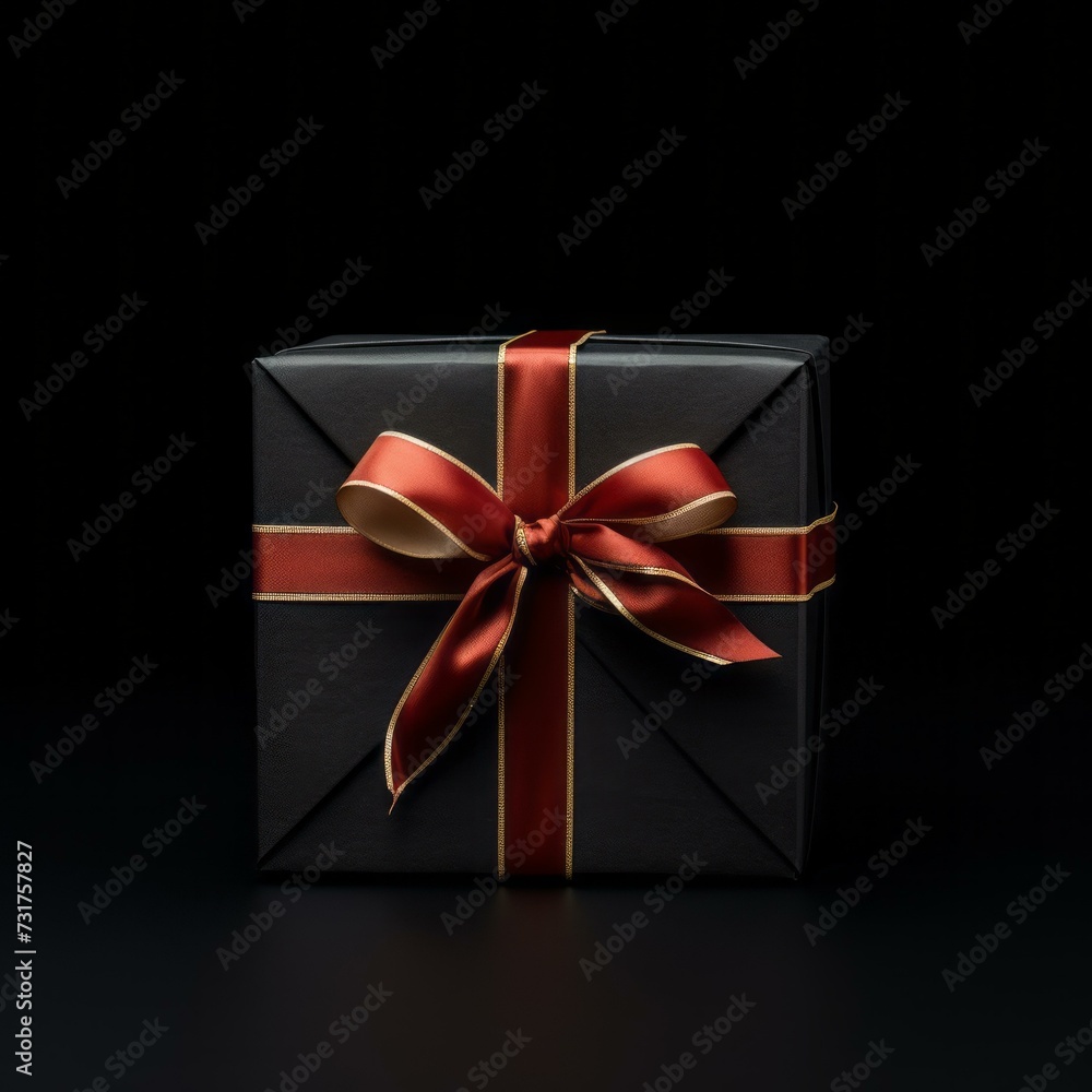 Elegant Gift Box with Lustrous Red Ribbon on Black Background - High-Quality Stock Image Elegant Gift Box with Lustrous Red Ribbon on Black Background - High-Quality Stock Image
