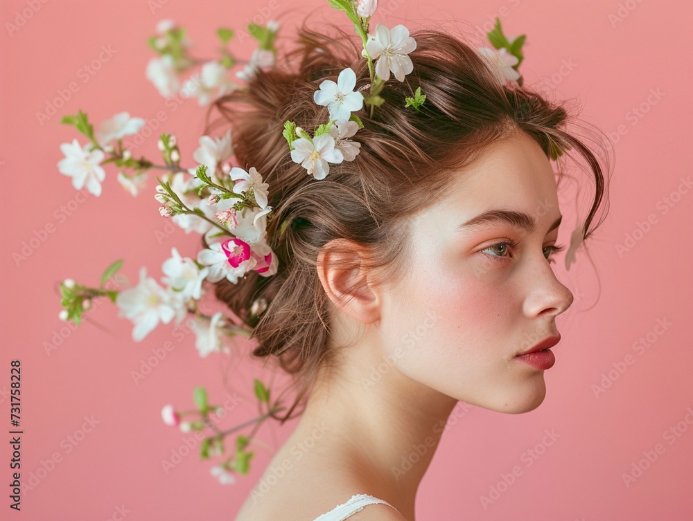 young woman with spring flowers in hairstyle,peach background