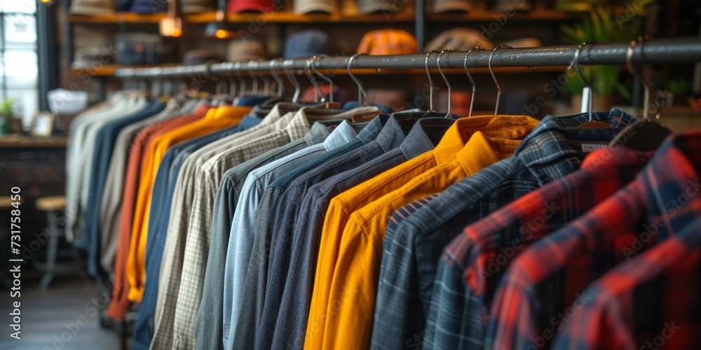 Fashion store display: racks are decorated with a colorful collection of stylish clothes for modern shoppers. Fashion store display: racks are decorated with a colorful collection of stylish clothes for modern shoppers.