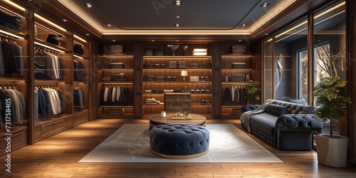 Modern interior of a clothing store with clean lines, stylish furniture.