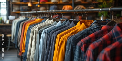 Fashion store display: racks are decorated with a colorful collection of stylish clothes for modern shoppers.