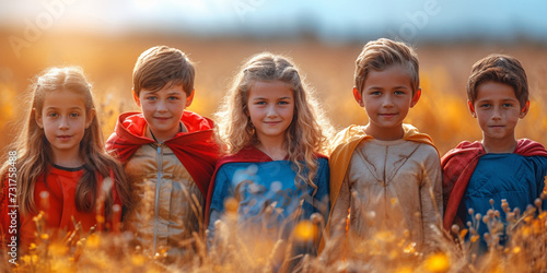 Diverse group of children dressed as superheroes playing together in nature, enjoying outdoor activities and friendship.
