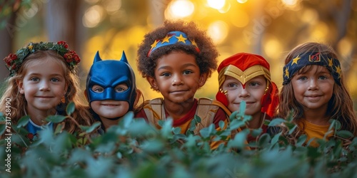 Playful children in costumes gather outdoors and play superheroes.
