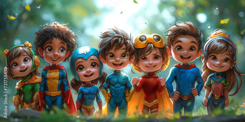 Boys and girls play together in colorful costumes, embodying superhero characters with limitless imagination. photo