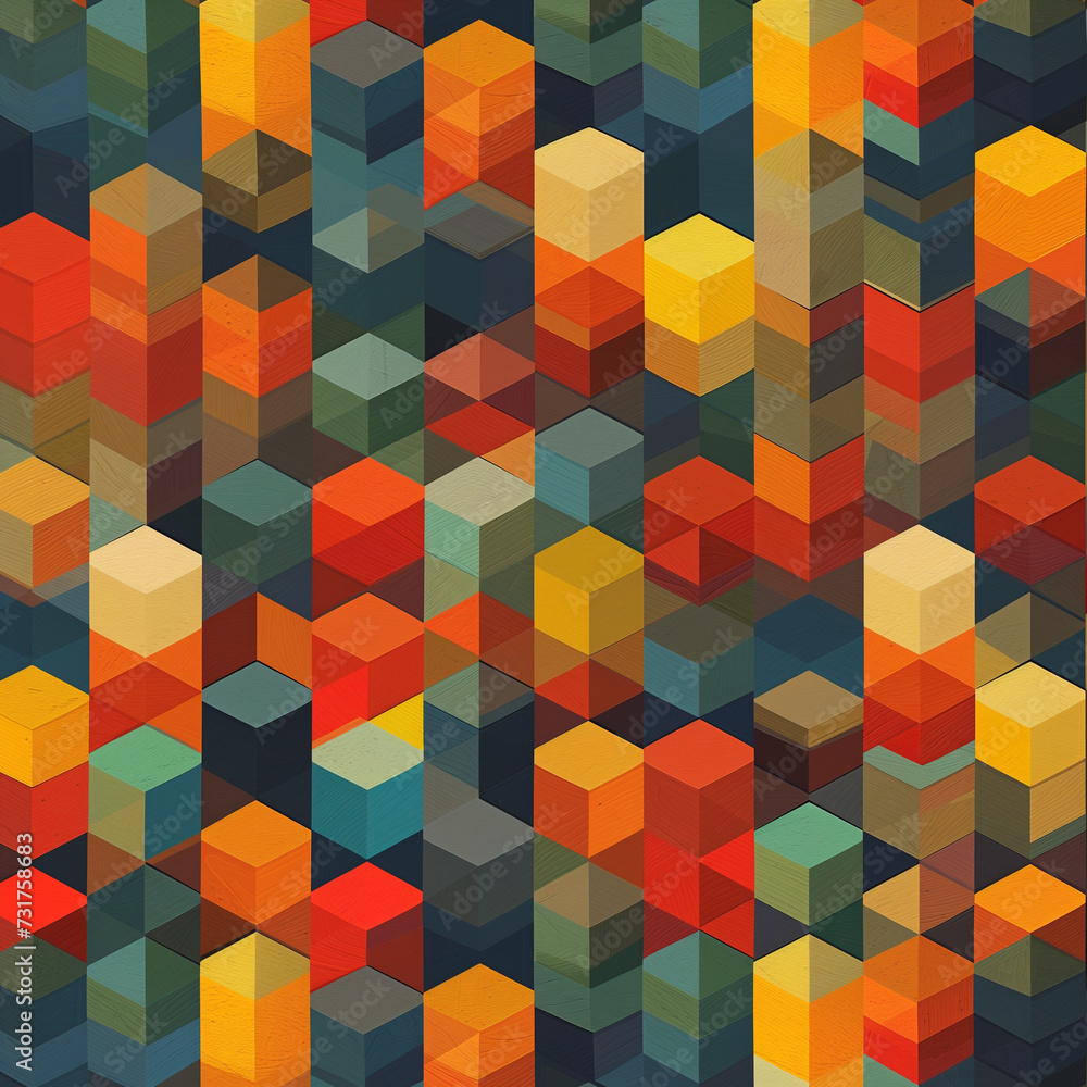 Colorful Geometric Square Mosaic Pattern Design with Abstract 3D Cubes for Seamless Decoration on Yellow Wall Colorful Geometric Square Mosaic Pattern Design with Abstract 3D Cubes for Seamless Decoration on Yellow Wall