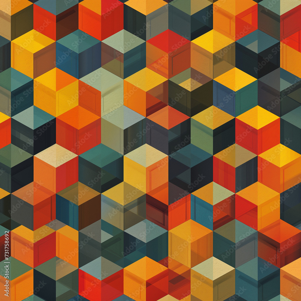 Colorful Geometric Square Mosaic Pattern Design with Abstract 3D Cubes for Seamless Decoration on Yellow Wall Colorful Geometric Square Mosaic Pattern Design with Abstract 3D Cubes for Seamless Decoration on Yellow Wall