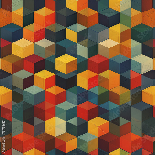Colorful Geometric Square Mosaic Pattern Design with Abstract 3D Cubes for Seamless Decoration on Yellow Wall