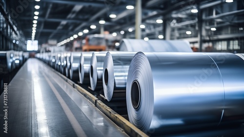 Photograph of sheet metal, alluminum, rolls in an industrial environment. Rolls of galvanized sheet steel in the factory. © Meta