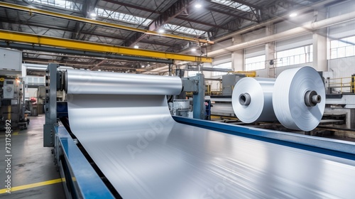 Photograph of sheet metal, alluminum, rolls in an industrial environment. Rolls of galvanized sheet steel in the factory. photo