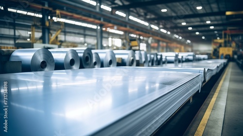 Photograph of sheet metal, alluminum, rolls in an industrial environment. Rolls of galvanized sheet steel in the factory. © Meta
