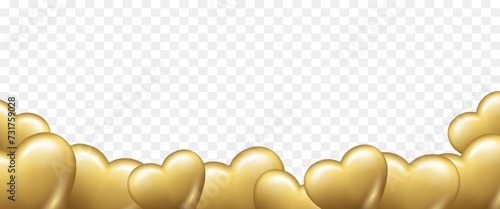 Frame or border made of 3D golden hearts. Vector illustration isolated on white background.