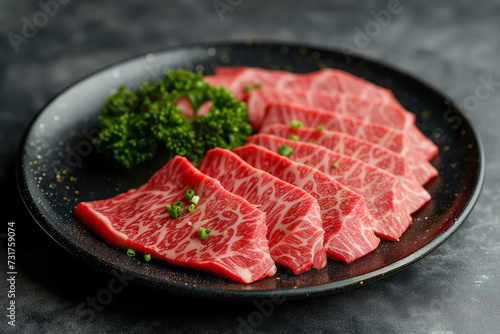 slices of Japanese Wagyu beef on the black plate on the dark table