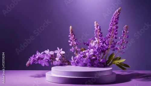 Mock up with round stone podium and spring flowers on purple background.