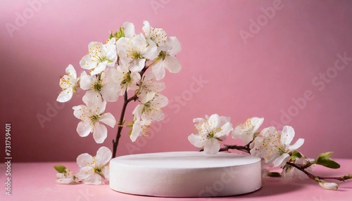 Mock up with round stone podium and spring floral branches on pink background.