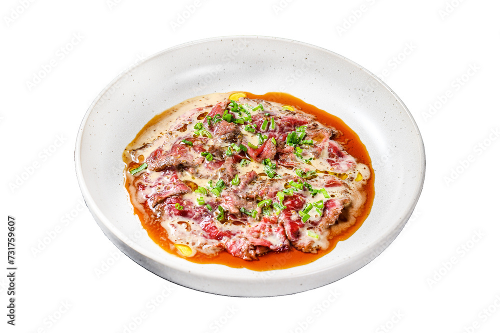 beef carpaccio with fresh green onions.  Isolated, Transparent background.