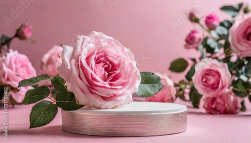 Mock up with round stone podium and roses on pink background. Pedestal for cosmetic product presentation