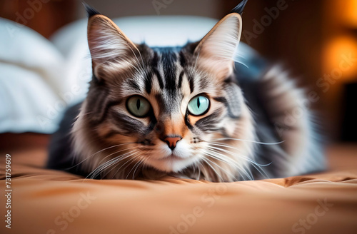 Portrait of a fluffy cat with multicolored eyes lying on the bed in the bedroom. © Эльвира Трощенкова