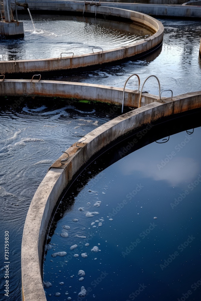 Water treatment pools in operation, showcasing the aeration process in a clean facility. Water treatment pools in operation, showcasing the aeration process in a clean facility.