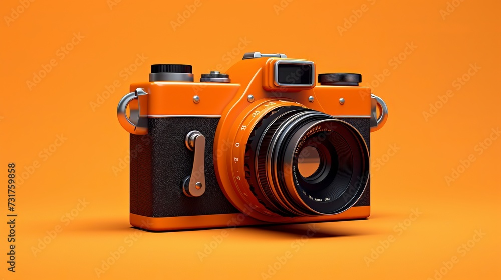 Vintage reflex camera on vibrant orange background - retro photography equipment
