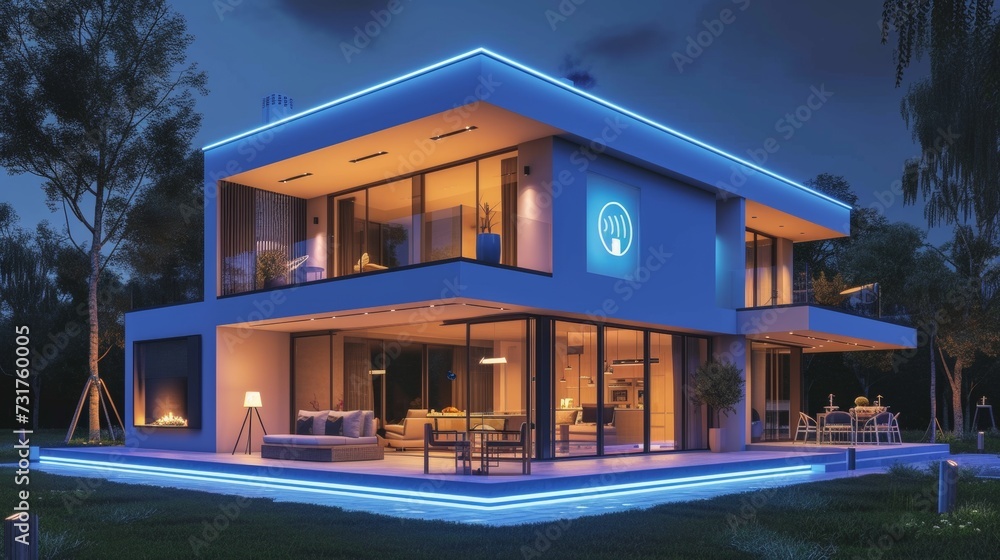 Modern smart home with blue illumination and digital security system at night.