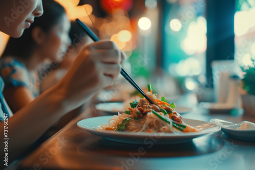 People eating in a Thai restaurant, they eating with chopsticks, close-up on hands. photo