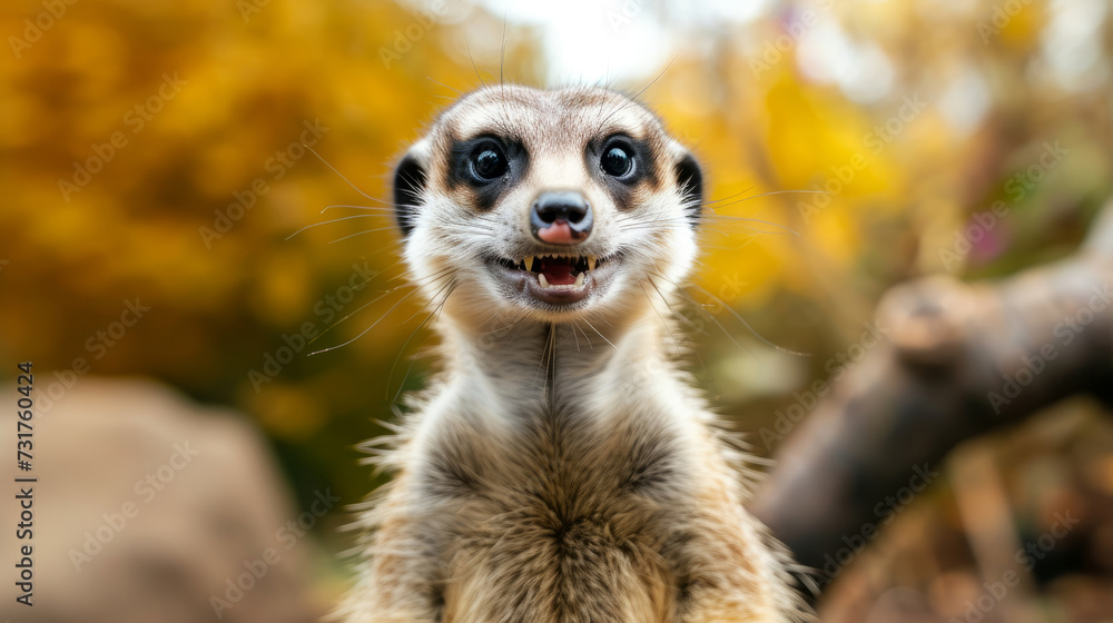 Fototapeta premium funny suracat. Comical animal making a funny face that's impossible not to chuckle at. Funny smiling animal. Perfect for lighthearted and amusing design projects.