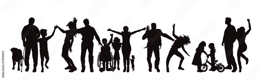 Silhouette of a group of different people on white background.