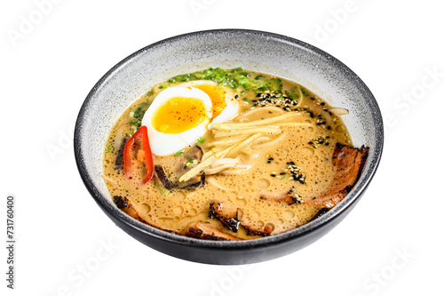Ramen asian noodle soup with Beef tongue meat, mushroom and Ajitama pickled egg. Isolated, Transparent background.