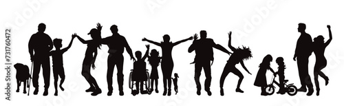 Silhouette of a group of different people on white background.