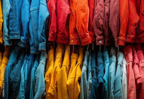 Assortment of colorful denim jackets neatly arranged on a store rack, showcasing fashion diversity.