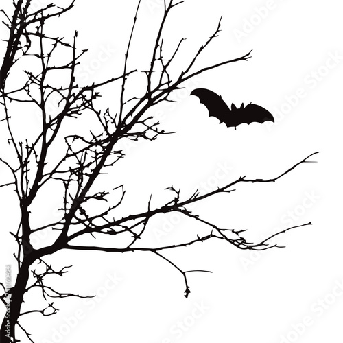 Silhouette of a bat flying near a tree on a white background. Symbol of wild animals and nature.