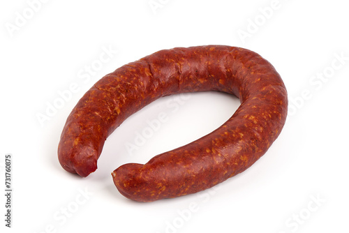 Smoked pork sausage ring, isolated on white background. High resolution image.