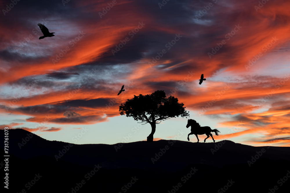 Silhouette of a tree and a horse running in the landscape at sunset. Nature and meadow.