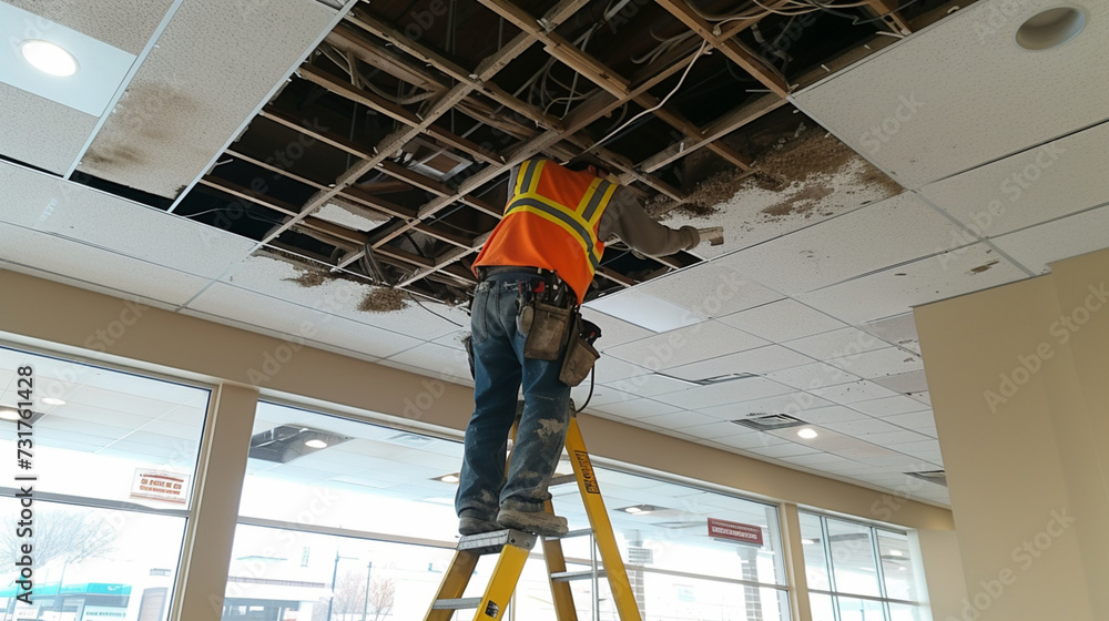 Electricians testing ceiling fixtures. Electricians testing ceiling fixtures.
