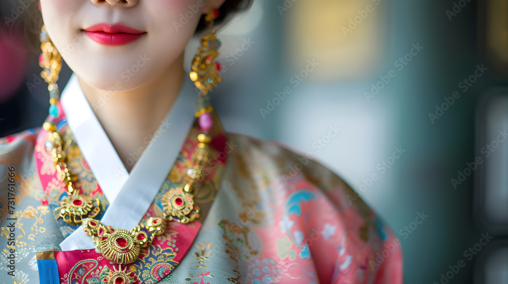 A woman wearing a traditional Korean hanbok, with colorful silk and gold jewelry. Generative AI.