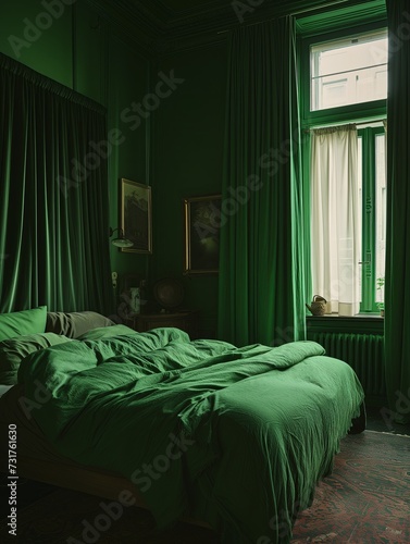 Cozy green bedroom, restored and repurposed, generative ai © MaxWo