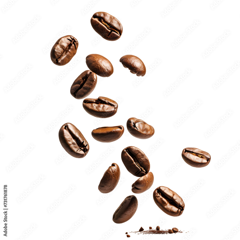 Falling coffee beans isolated on transparent background Falling coffee beans isolated on transparent background