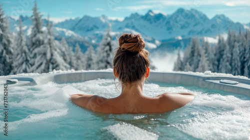 Young woman resting in hot tub with view on mountains in winter 