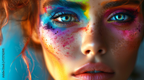 A close-up of a girl with striking colored eyes, accentuated by vibrant makeup, showcasing bold and expressive beauty