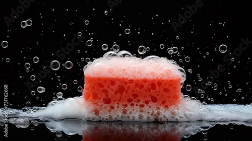 soap foam and red sponge in foam with bubbles isolated on black background photo