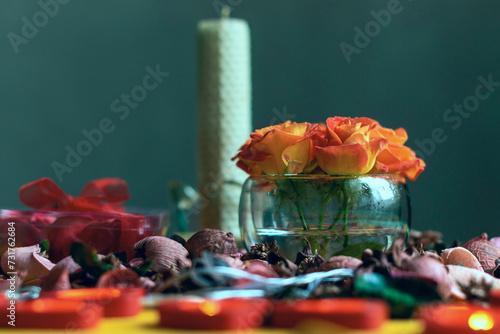 Cute bouquet of roses and candles, card and gift,Valentine 'Dies, International Womens' Dies, dies nuptiarum, dies natalis. photo