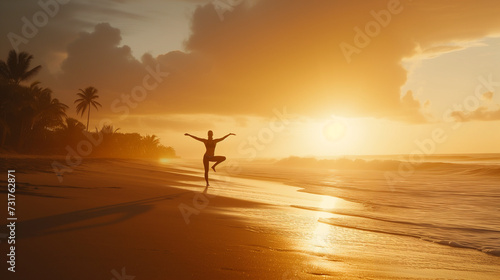 Sunrise Serenity: Woman Practicing Yoga on Tranquil Beach, Harmonious Balance and Wellness Lifestyle, Golden Hour Meditation, Silhouette Against Rising Sun