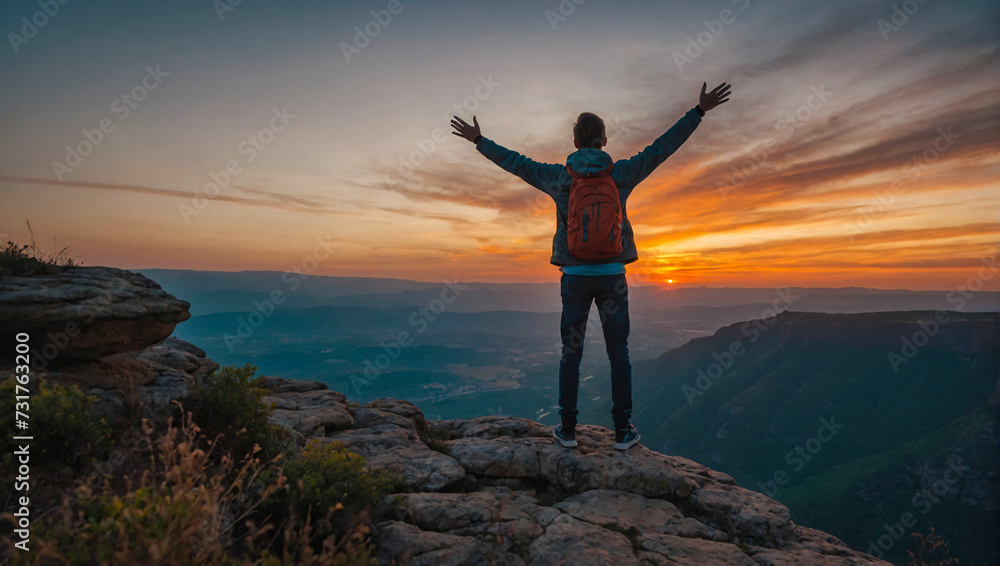 close up of a person standing on a cliff with arms towards the sky watching the beautiful sunset