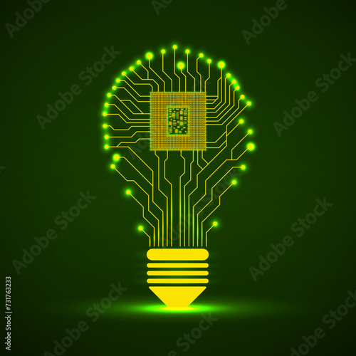 Technology neon light bulb circuit board with microprocessor inside. Vector illustration