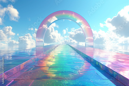 Translucent rainbow arch extends over a glittering  water covered path leading towards the horizon under a blue sky with fluffy clouds.